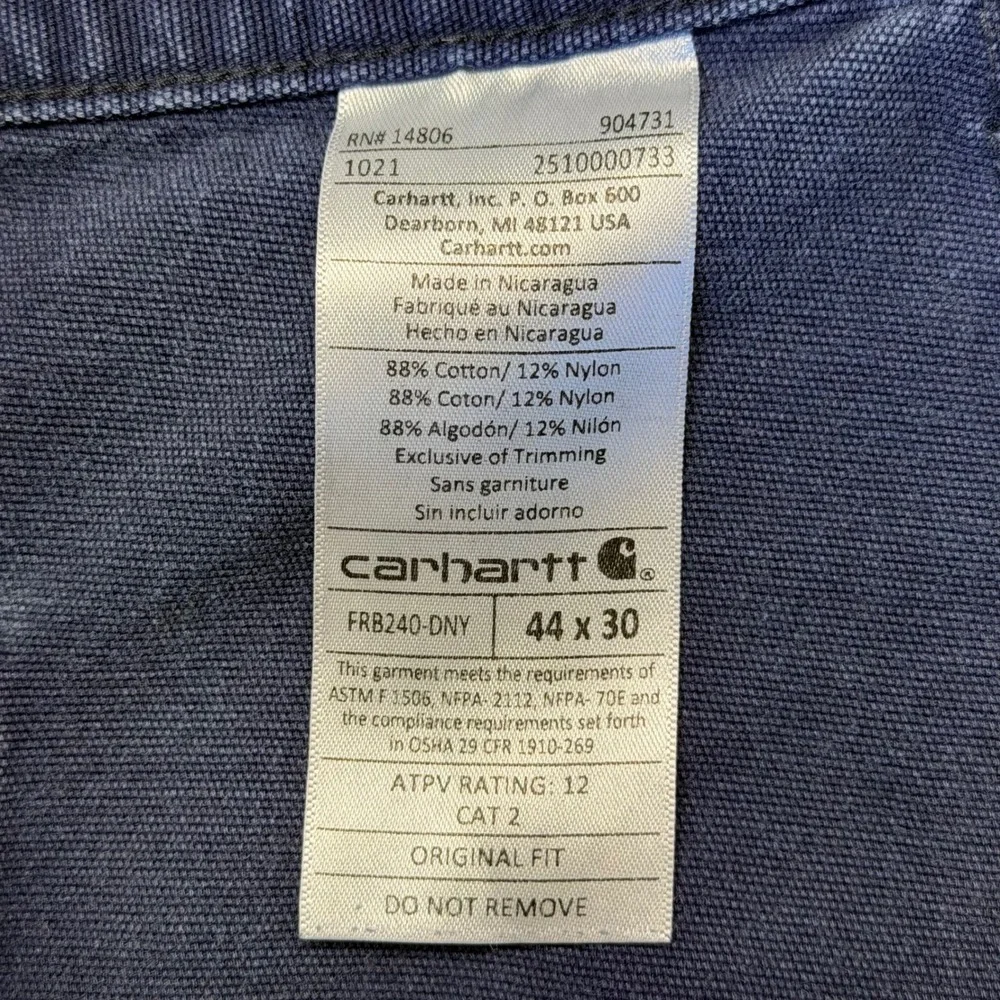 Carhartt FRB240-DNY Flame Resistant Cargo Pants Navy Blue Mens 44x30 CAT 2 Work